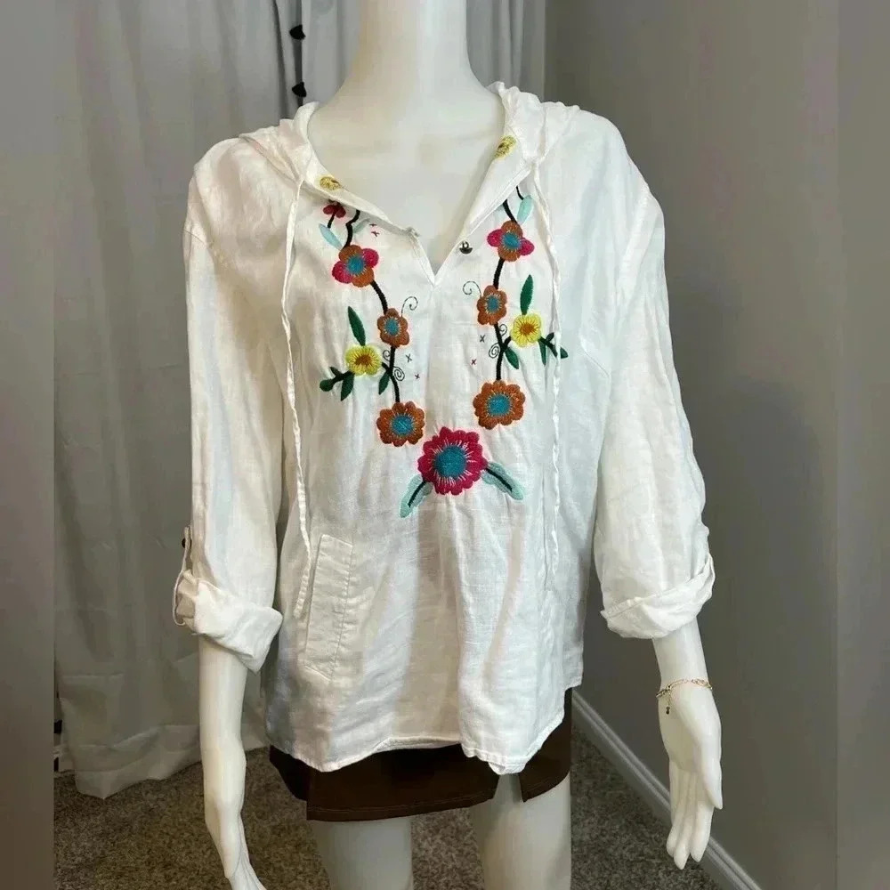 MANDARIN BLUE 100% linen white hooded top with embroidery size large